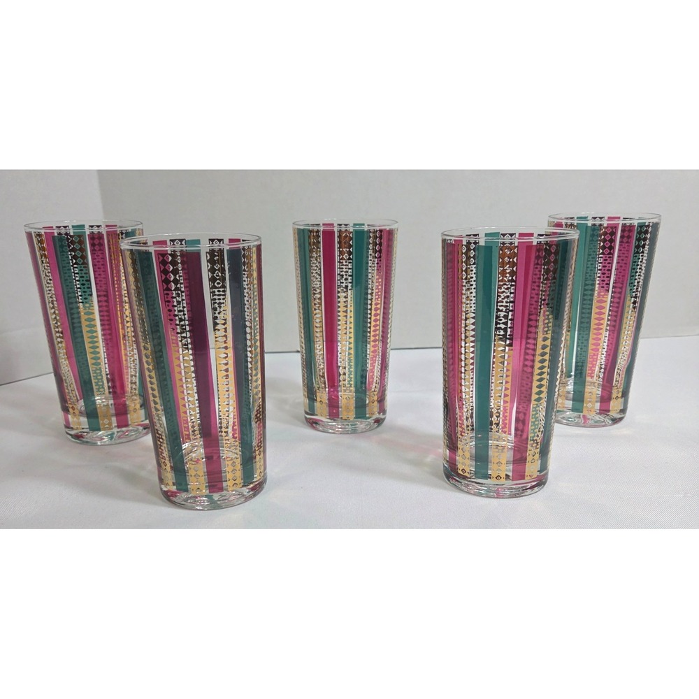 Vintage GEORGES BRIARD 22k Gold HARLEQUIN MCM Highball Cocktail Glasses Set of 5 - Picture 8 of 10